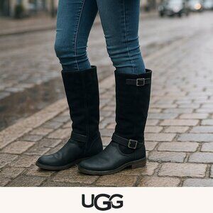 UGG Black Suede & Leather Tall Moto Buckle Boots | Size 7